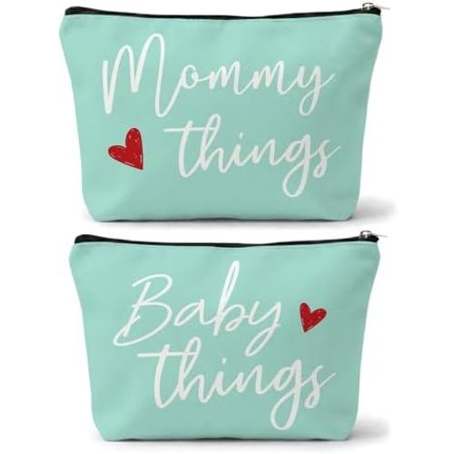 Mommy and Baby Matching Pouch Set, Mommy Things and Baby Things Bags, Gifts for New Moms Expecting Moms, Matching Travel Cases, Green Set of 2