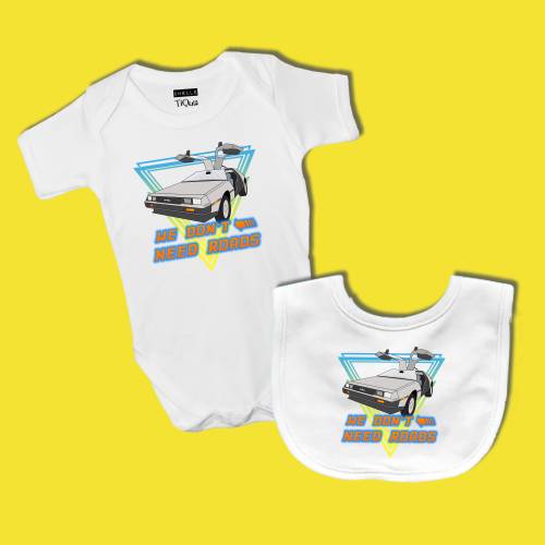 Back to the Future "We don't need roads" Baby Grow & Bib Set // DeLorean Car, Movie, 80's Nostalgia, Baby Gift, Baby Shower