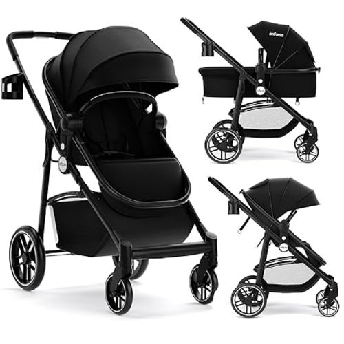INFANS 2 in 1 Baby Stroller, High Landscape Infant Stroller & Reversible Bassinet Pram, Foldable Pushchair with Adjustable Canopy, Storage Basket, Cup Holder, Suspension Wheels (Black)