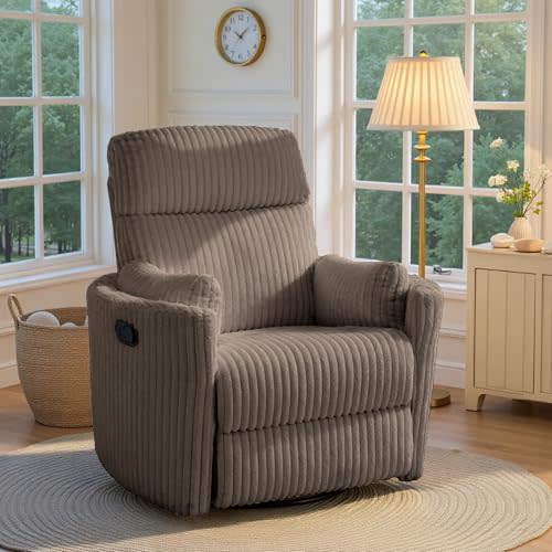 Nursery Rocking Chairs Comfy High Back 360 Swivel Rocker Recliner with 2 Pillows Glider Recliner Nursery Chair for Adults Small Spaces Nursing Bedroom Living Room Brown
