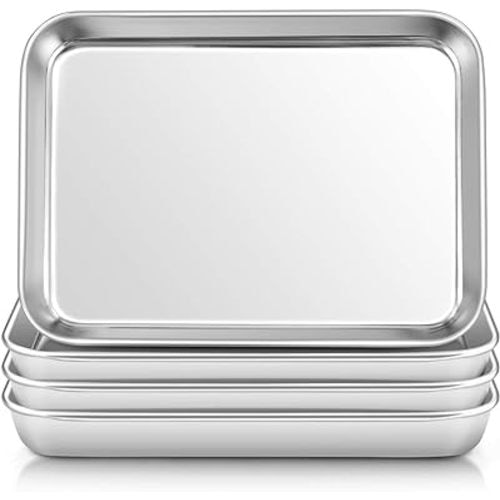 E-far Stainless Steel Kids Plates, 4 Pieces Mini Metal Dinner Dish Set for Kids Toddler Child, 7.3” x 5.3” x 0.75”, Non-Toxic & Dishwasher Safe, Great for Self-Feeding/Picnic/Outdoor Camping