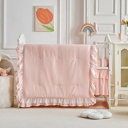 Lace Ruffle Crib Bedding Set 3 Pieces Baby Boho Lace Quilted Comforter with Fitted Sheet and Bed Skirt - Cute Ruffled Shabby Chic Baby Bedding Soft Blanket Design Cream White Beige