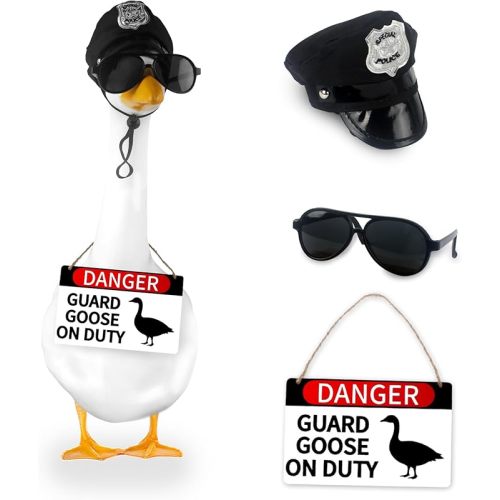 CAMDUCK 3 Pcs Porch Goose Accessories Porch Goose Sign Goose Police Hat Eyeglasses Wooden Gooses Warning Sign Danger Guard Goose on Duty Warning Sign Goose Outfits Decor for Yard Porch Lawn
