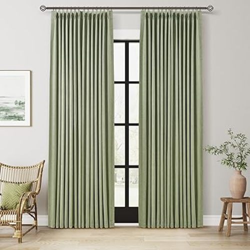 Light Sage Pinch Pleated 100% Blackout Curtains Linen Blended Room Darkening Double Layer Soft Green Black Out Curtains 84 Inches Long for Living Room Bedroom Thermal Insulated Pinch Pleat Drapes