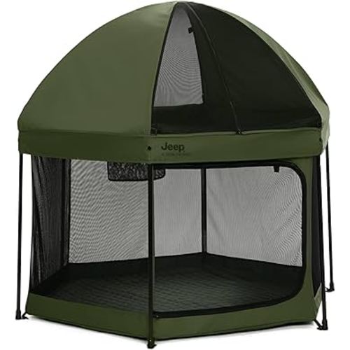 Jeep Hexagon Pop Up Play Yard with Removable Canopy | Ideal for Indoor and Outdoor Use, Olive Green