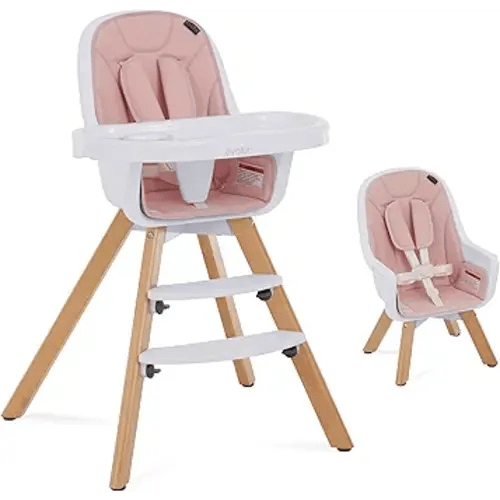 évolur Zoodle 3-in-1 High Chair in Pink | Convertible Wooden Baby Feeding Chair with Dishwasher Safe Removable Tray, Adjustable Footrest, Padded Cushion, 5-Point Harness for Infants & Toddlers