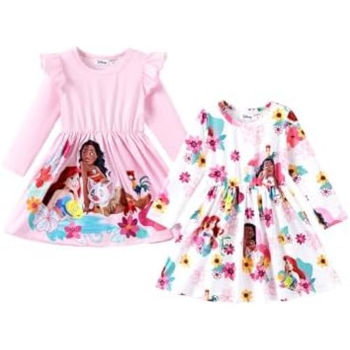 Disney Frozen Elsa Stitch Princess Minnie Mouse Toddler Girl Dresses 2 Pack Ruffle Long Sleeve Dress Set (3 Months - 6 Years)