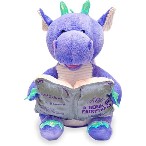 Cuddle Barn | Dalton The Storytelling Dragon 12" Animated Stuffed Animal Plush Toy | Mouth Moves, Head Sways and Book Lights Up | Recites 5 Fairy-Tales
