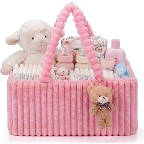 Flannel Baby Diaper Caddy Organizer with Teddy Bear, Baby Shower Gift Basket with Handle, Portable Nursery Storage Basket Bin for Diapers, Wipes, Newborn Essentials(Pink)