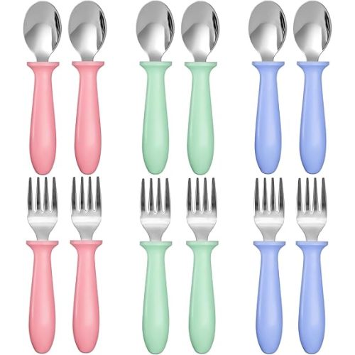 12 Pieces Toddler Utensils, Toddler Forks and Spoons, Kids Silverware Set with Plastic Handle Stainless Steel Silverware, Dishwasher Safe