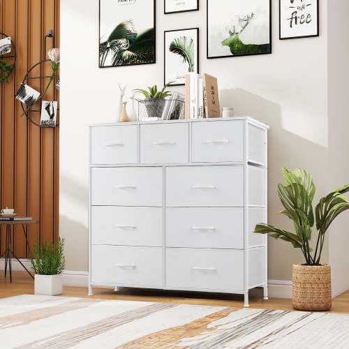 9 Drawer Dresser, Wide Chest Of Drawers Nightstand Storage Tower Storage Dresser Fabric Dresser With Wood Top, Metal Frame, White