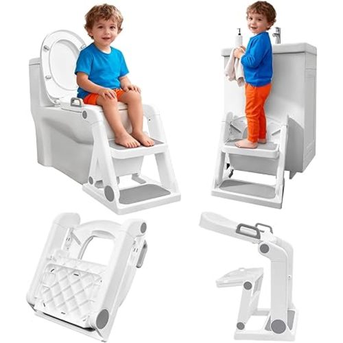 Potty Training Seat, Primlect Upgrade Toddler Toilet Seat for Kids Boys Girls, 2 in 1 Potty Training Toilet with Step Stool, Adjustable Seat and Ladder, Non-Slip Pad, Splash Guard (Light Grey)
