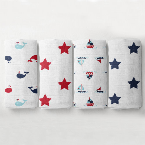 Whales Boats 4 Pack Boys Muslin Swaddle Blankets Blue Navy Red