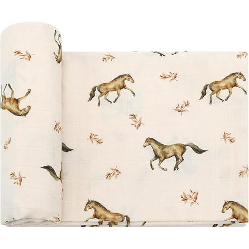 LifeTree Baby Swaddle Blankets, Muslin Swaddle Blankets Boys Girls Swaddling Wrap Receiving Blanket for Newborn, 70% Viscose Bamboo and 30% Cotton, Large 47" x 47", Horse Pattern