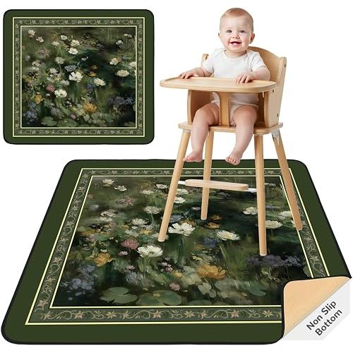 Unicorn Castle Splat Mat for Under High Chair Waterproof Baby Play Splat Mat for Art Crafts Non Slip High Chair Food Catcher Floor Mat for Baby,Green Dinosaur