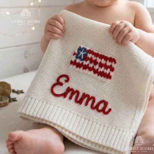 Custom USA Flag Name Blanket – Personalized Patriotic Baby Knit Throw