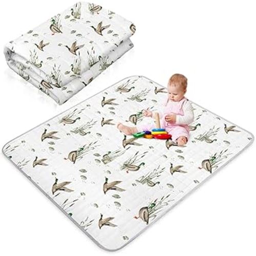Funtery 43 x 43 Inch Mallard Duck Baby Playmat Portable Crawling Washable Foldable Tummy Time Non Slip Baby Floor Large Playpen Mat for Infants Toddlers Floor Playpen Activity