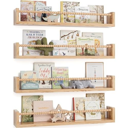 Nursery Floating Shelves for Wall Set of 4, Wooden Nursery Book Shelves, Baby Room Wall Shelves for Nursery Decor, Kids Bookshelf for Bedroom, Girl & Boy Nursery Decor (Wood, 23 Inches)