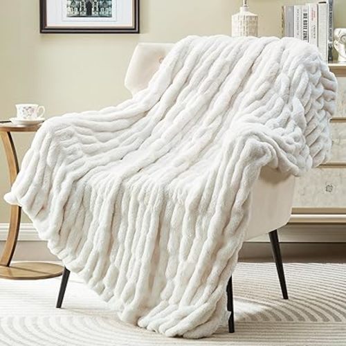 JONIYEAR Solid Soft Fuzzy Ruched Faux Rabbit Fur Throw Blanket 50" x 60", Decorative Shaggy Fluffy Raffle Blanket for Couch Sofa, Cute Cozy Accent Puffy Furry Blankets, Warm Blankets for Winter, White
