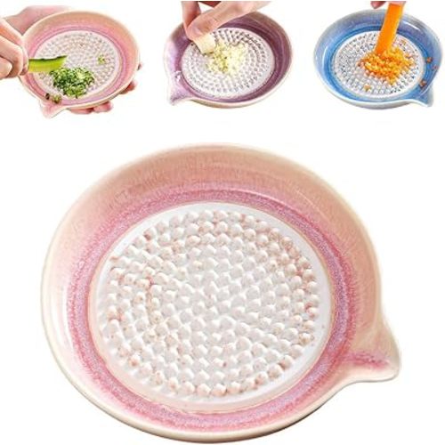 Premium Ceramic Garlic Grater Plate,Exquisitely Handcrafted Ginger Grater Plate,Modern Design Multipurpose Grinder Plates Burnishing Machine for Fruits Vegetables Ginger Garlic Onion (Pink)