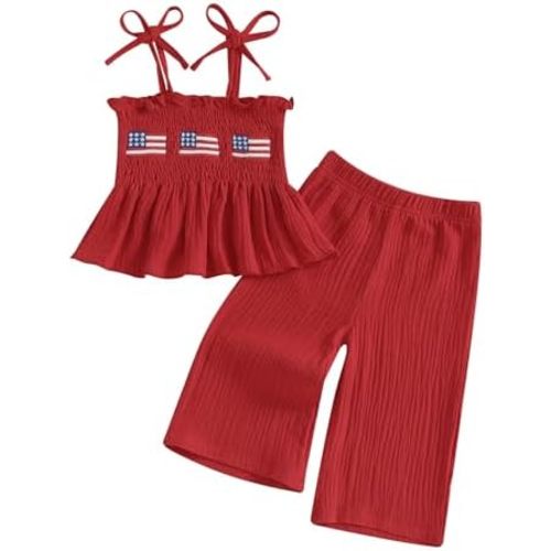 Toddler Baby Girl 4th of July Outfit Flag Bow Smocked Tops Elasitc Plaid Pants Infant Summer Fourth of July Outfits