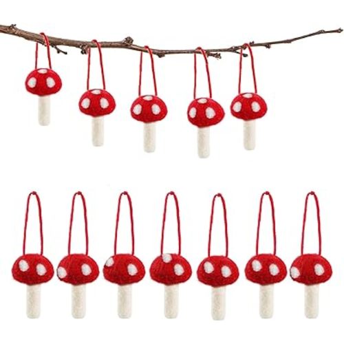 10Pcs Small Felt Mushroom Ornaments Garland DIY Arts Crafts Supplies Mushroom Hanging Ornaments with Rope for Fall Thanksgiving Christmas Tree Wall Home Decor, Red