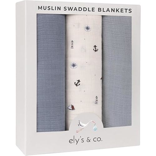Ely's & Co. Muslin Swaddle Blankets 3-Pack for Baby Boy, 100% Cotton Muslin Extra Large Swaddle Receiving Blankets, 47”x47” (Blue-Ivory Nautical)