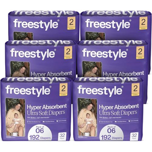 Freestyle BambooTek Diapers – (Size 2) Hyper Absorbent & Non-Toxic – Disposable Diapers for Sensitive Skin – Ultra Soft Diapers (12-18 lbs) – 192 Count