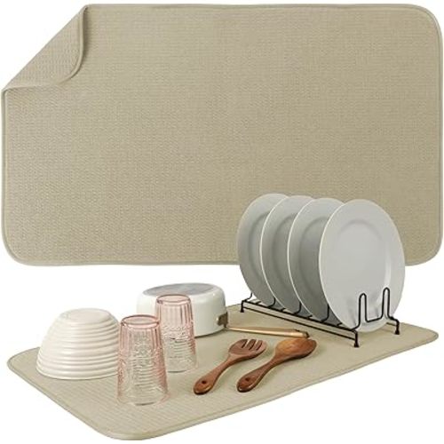 S&T INC. Dish Drying Mat Jumbo, 18” x 30”, Absorbent Microfiber Kitchen Counter Mat, Dish Drying Pad for Dishes, Utensils, Pots and Pans, Jumbo, Pure Cashmere