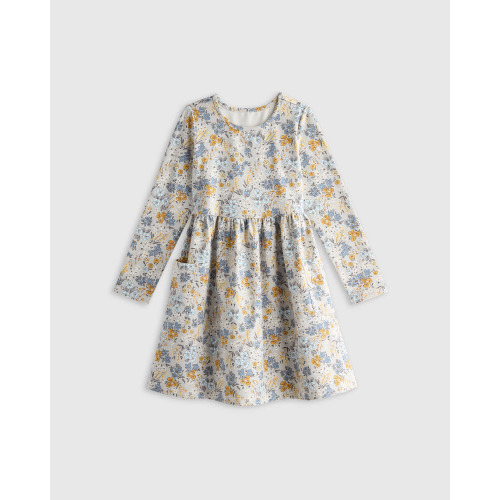 Organic Cotton Long Sleeve Fit and Flare Pocket Dress in Grey Ditsy Floral