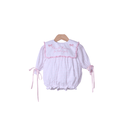 Embroidered Thank Heaven for Little Girls Long Sleeve Pink Swiss Dot Bow Bubble