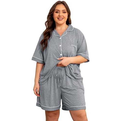 Vozanet Women Button Down Pajama Sets Summer Rayon Sleepwear Plus Size Classic Loungewear 2pcs Shirt & Shorts Nighty PJS