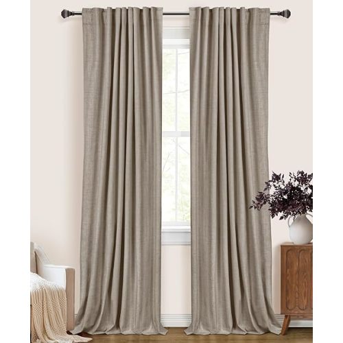 100% Blackout Shield Linen Blackout Curtains for Bedroom 84 Inches Long, Back Tab/Rod Pocket Living Room Drapes, Thermal Insulated Blackout Curtains 2 Panels Set, 50" W x 84" L, Faux Linen