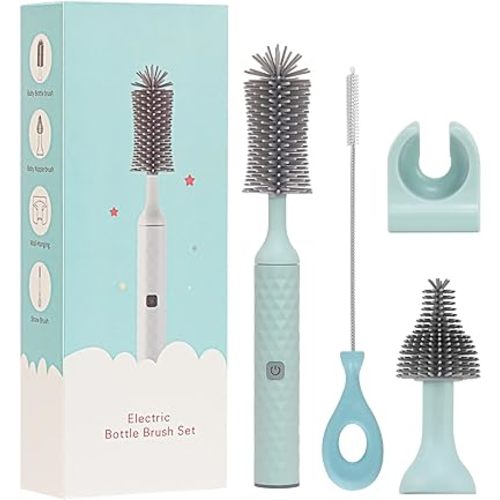 Electric Bottle Brush Set with Electric Silicone Baby Bottle Brush, Nipple Brush,Straw Cleaner Brush, Rechargeable&Waterproof Water Bottle Cleaner Brush, Perfect, Blue