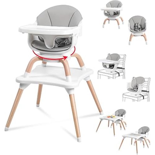 Baby High Chair, 7 in 1 Convertible High Chairs for Babies and Toddlers, Kids Learning Table, Building Block Table, Toddler Dining Chair with 360° Rotating Seat, 5-Point Safety Harness (Grey)