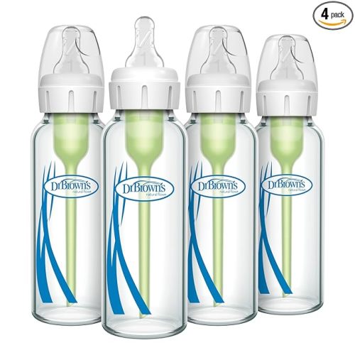 Dr. Brown's Anti-Colic Options+ Narrow Glass Baby Bottle with Level 1 Slow Flow Nipple, BPA-Free, 8 oz/250 mL, 4-Pack
