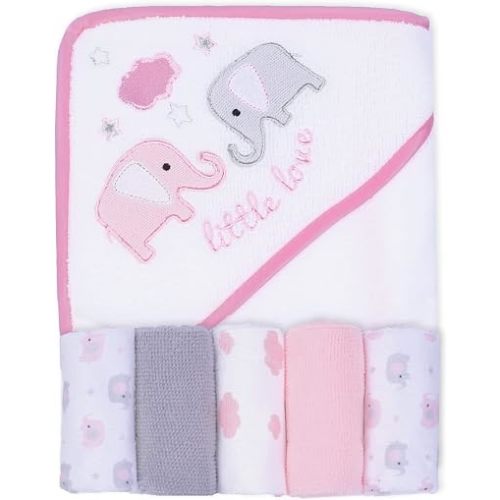 Viviland Baby Towels and Washcloths, Soft Absorbent Pink Baby Bath Towel Set, Elephant Hooded Towels with 5 Infant Face Washcloths (6 Pieces)