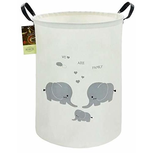HUNRUNG Laundry Hamper,Large Canvas Fabric Lightweight Storage Basket Toy Organizer Dirty Clothes Collapsible Waterproof for College Dorms, Children Bedroom,Bathroom（Round-Family Elephants）