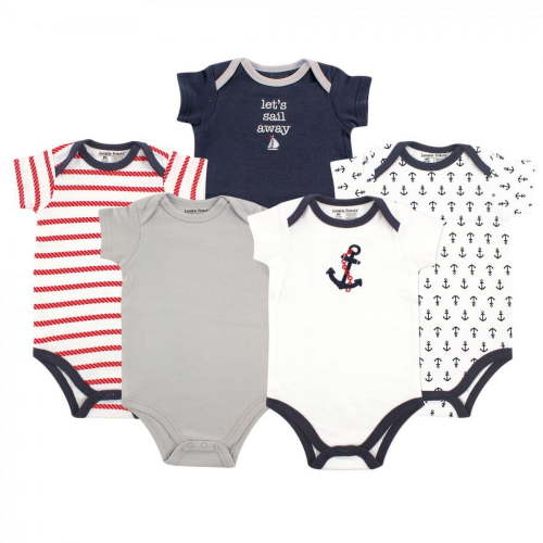 Luvable Friends Baby Boy Cotton Bodysuits 5pk, Nautical, 6-9 Months