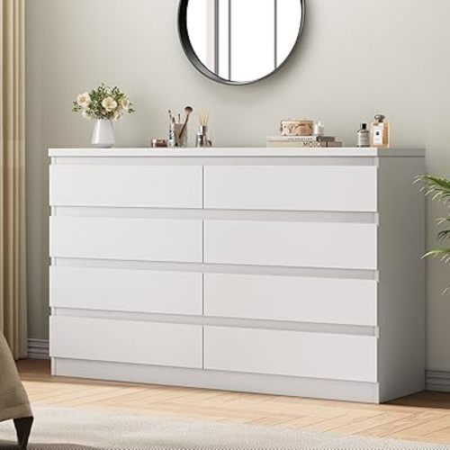 Modern 8 Drawer Dresser, Simply Chest of Drawers for Bedroom, Wood Storage Dresser with Deep Drawers for Living Room/Hallway/Entryway (White)