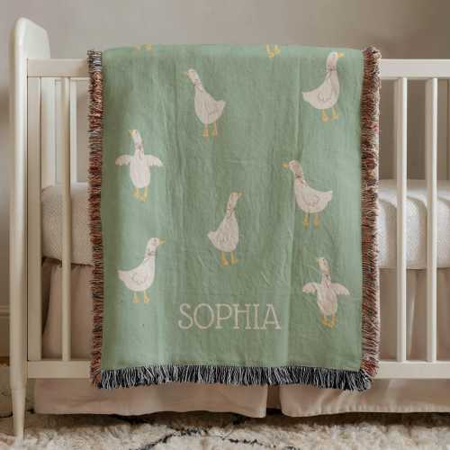 Personalized Goose Woven Baby Blanket, Animal Nursery Decor, Custom Baby Name Tapestry, Baby Shower Gift, Heirloom Cotton Throw Blanket