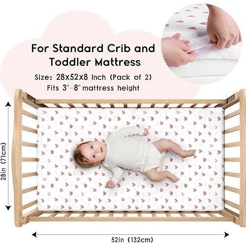 Yoofoss Baby Crib Sheets for Boys Girls, Fitted Crib Sheet 2 Pack for Standard Crib and Toddler Mattress, Super Soft Microfiber Baby Sheet 28x52x8in Pink+Love