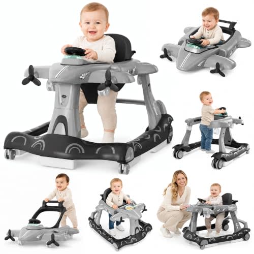 Xilingol 6-in-1 Baby Walker with Wheels, Adjustable Height & Speed Activity Walker with Padded Seat, Foldable Walker for Babies, Toddler Push Walkers for Boy & Girl 6-18 Months, Music & Light