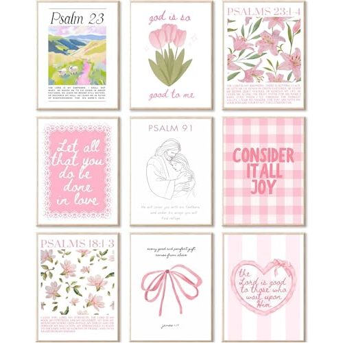 9pcs Pink Christian Wall Art Preppy Bible Verses Painting Pictures Psalms Wall Decor Trendy Bow Jesus Hugs Girl Poster Print Artwork for Living Room Girls Room Prayer Room Home Decoration 8x10 Inch