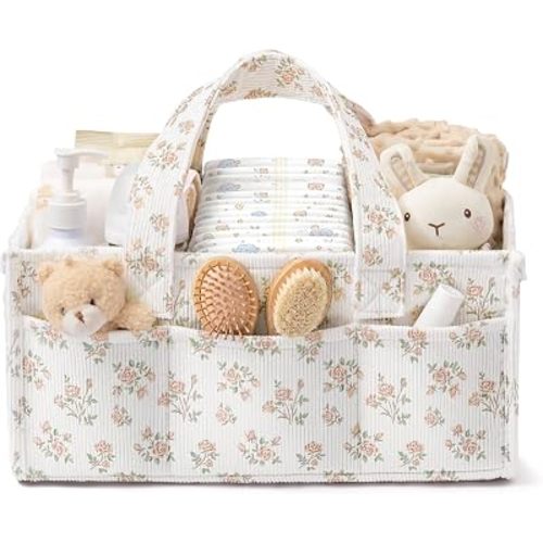 Corduroy Baby Diaper Caddy Organizer with Handles, Nursery Storage Basket