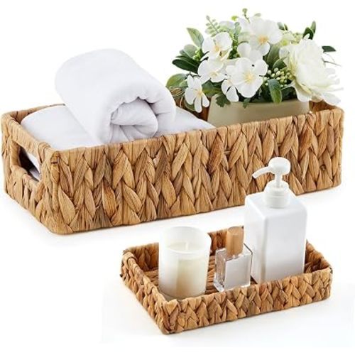Teenyyou 2 Pcs Water Hyacinth Bathroom Basket with Handles