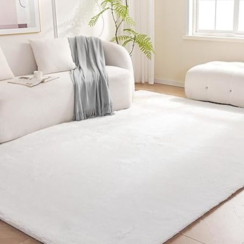 Amazon Basics Fluffy Washable Area Rug, Shaggy Carpet for Living Room, Bedroom, 5' W × 7' L, Cream