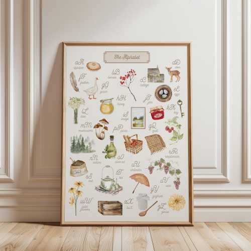 Cottagecore Alphabet Chart | Neutral Color Kid's Room Decor | Educational ABC Print | Beige Homeschool Farm Poster | Classroom Art Print