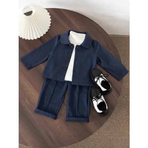 SHEIN 2pcs Baby Boy Elegant Formal Gentleman Outfit Set: Lapel Single-Breasted Top And Elastic Waist Casual Pants, Suitable For Autumn/Winter, 6 Months To 3 Years Old, Fashion Outfit For Competition, Performance, Wedding, Party, Photography, Outdoor, Back
