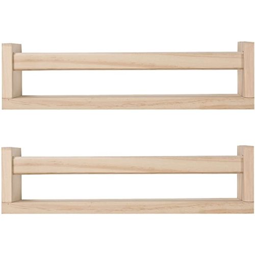 JORIKCHUO Nursery Book Shelves, Set of 2 Wood Floating Book Shelves for Kids Room, Kitchen Spice Rack, or Rustic Wall Mounted Shelves for Farmhouse Bathroom Décor (Natural Wood)